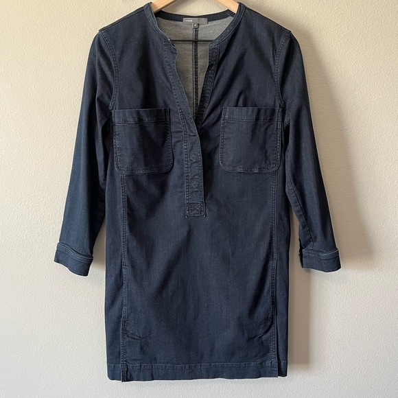 VINCE Long Sleeve Chambray Dark Blue Shift Dress w/ Chest Pockets Size 4 - Picture 2 of 9